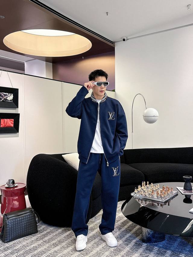 L Brand* Suit Sizes M-Xxxl Top-grade royal blue knit jacquard collar zip-up casu