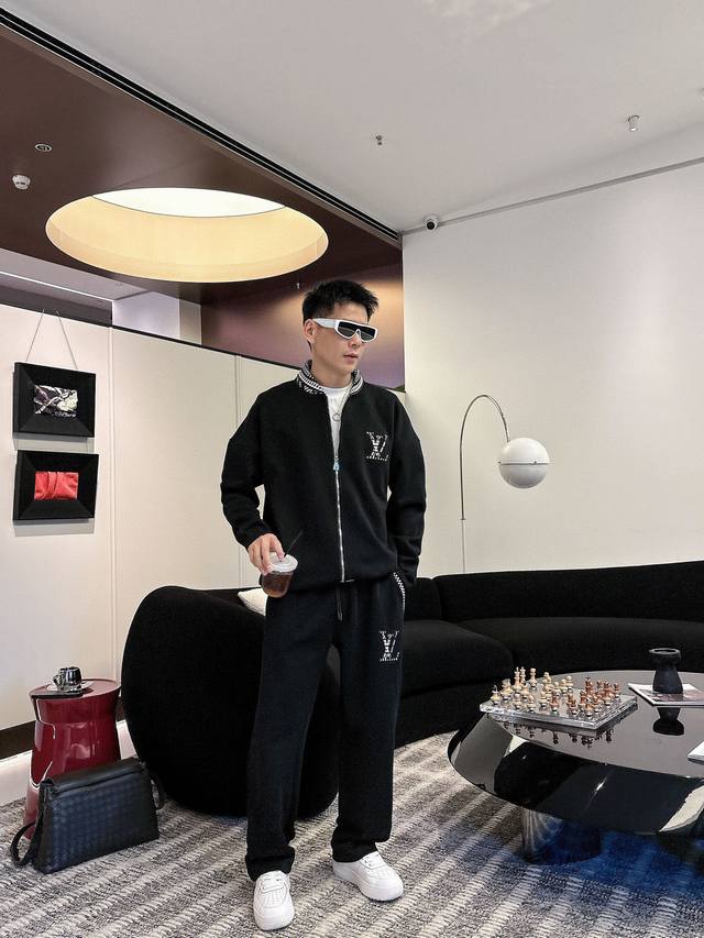 L Brand* Suit Sizes M-Xxxl Top-grade black knit jacquard collar zip-up casual su