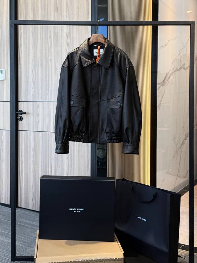 YSL 2025 New Men's Bubble Lambskin Leather Bomber Jacket. Genuine Leather, Not C