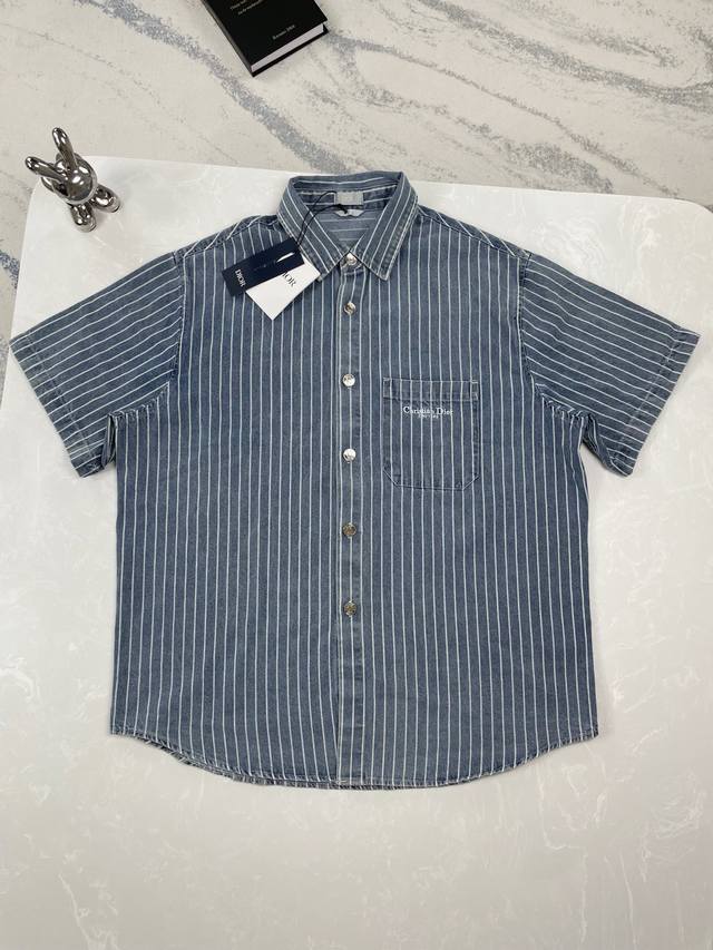 High-quality Dior 25Ss new embroidered letter stripe short-sleeved washed denim