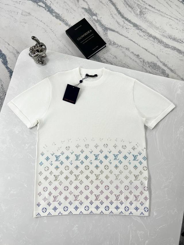 High-quality Louis Vuitton Rhinestone Gradient Knit Short-Sleeve T-Shirt with Al