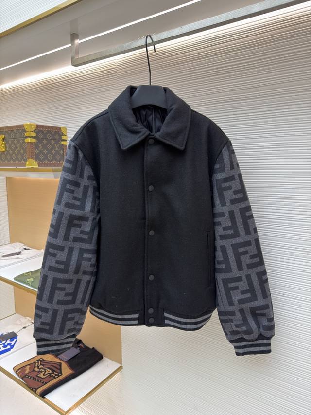 Fendi Black Collared Wool Bomber Jacket Original: Purchased from 16636 Item No.: