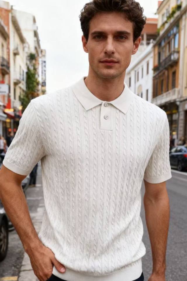 Brunello Cucinelli. 2025 Autumn New Arrival Men's Cable Knit Collar Short-Sleeve