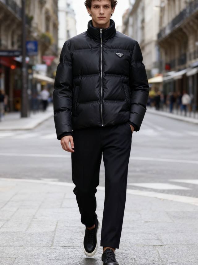 Prada Men's Black Stand-up Collar Down Jacket (2025 Fall/Winter). Featuring Prad