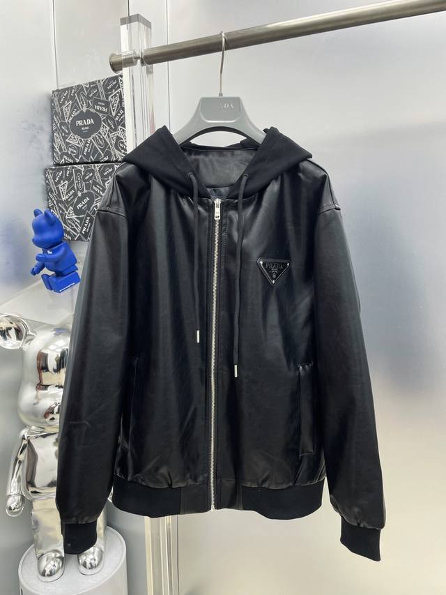 Prada 2025 Autumn New Patchwork Hat with Metal Triangle Logo Leather Jacket Hs D