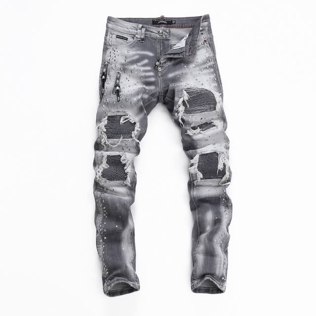 New Men's Jeans Philipp Plein Trendy Brand Versatile Men's Washed Ripped Korean