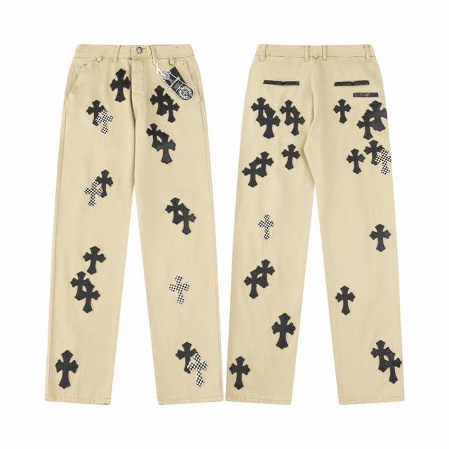 Top-tier version! Ch Chrome Hearts black leather cargo pants with checkerboard S