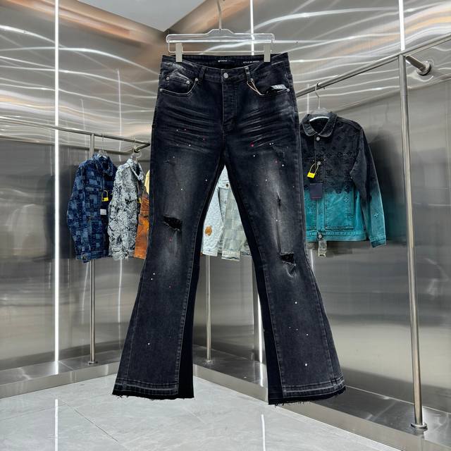 Purple Brand Ripped Graffiti Style Streetwear Flared Stretch Jeans, Black, Sizes