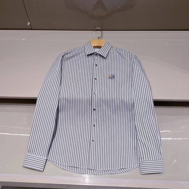 New Arrival! Loewe Embroidered Striped Long-Sleeve Shirt! Grey and Black Striped