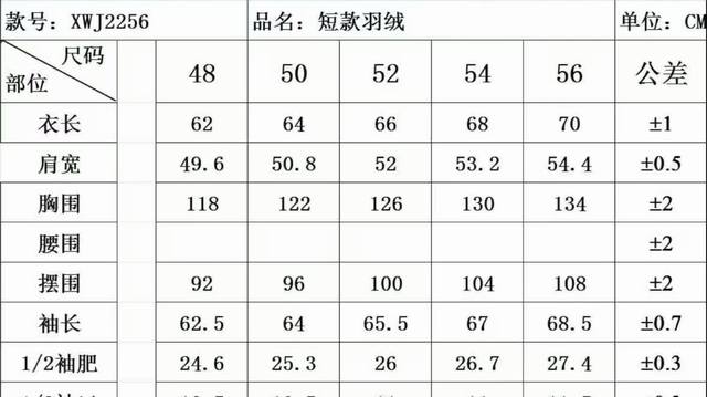 Down Jacket Size Chart (Lv) 2256 (Ddd)