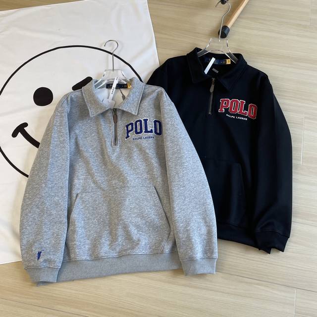 Spring Polo Jacket Ralph Lauren Half-Zip Lapel Loose Pure Cotton Unisex Two-Tone