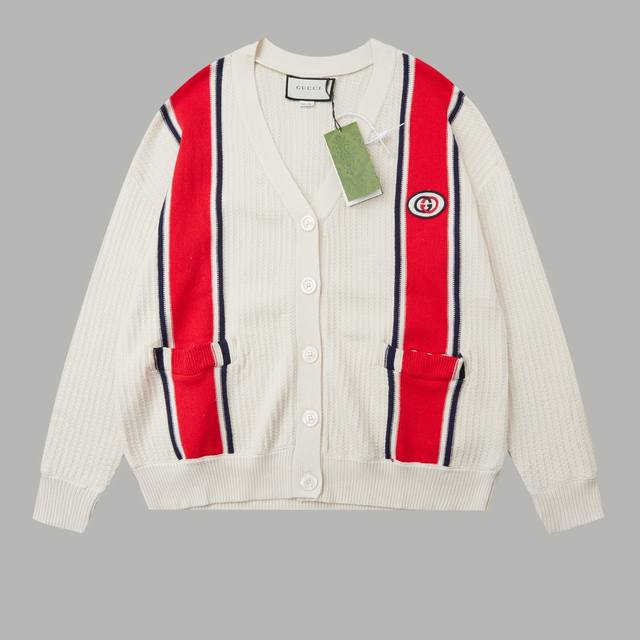 High-quality Gucci GC 24Fw cardigan sweater with red double G patch on the chest