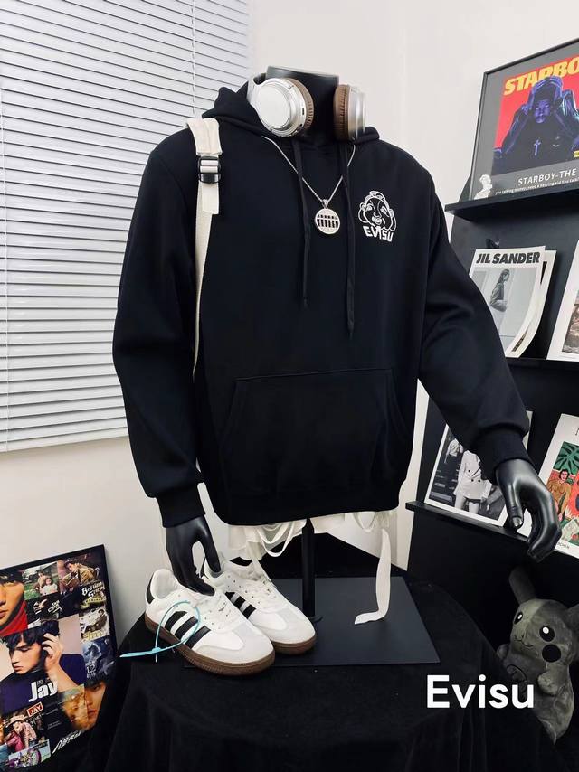 Evisu Fortune God Embroidered Buddha Head Casual Hooded Sweatshirt, unisex, perf