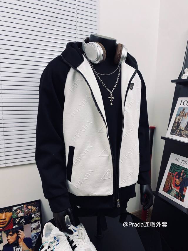 Prada 3D Embossed Casual Hooded Jacket. Made with original custom fabric, featur