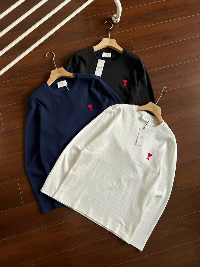 Amit Men's Crew Neck T-Shirt with Exquisite Embroidered Logo, Solid Color, Simpl