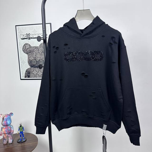 Style No.: R05 Goodbrand Rhinestone Distressed Long-Sleeve Hooded Sweatshirt Hea