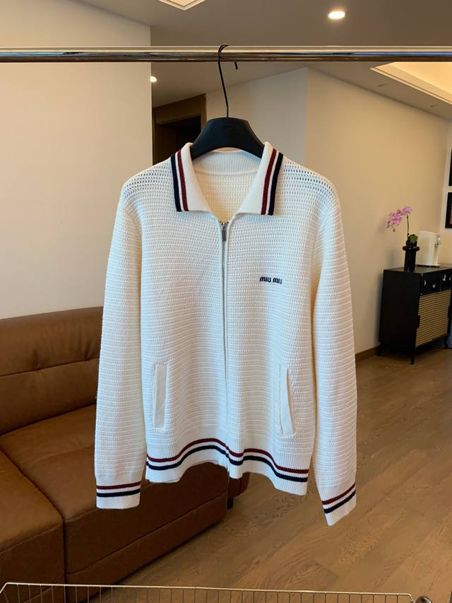 High-quality Miu Miu knit crochet zip-up cardigan with a preppy, elegant style.
