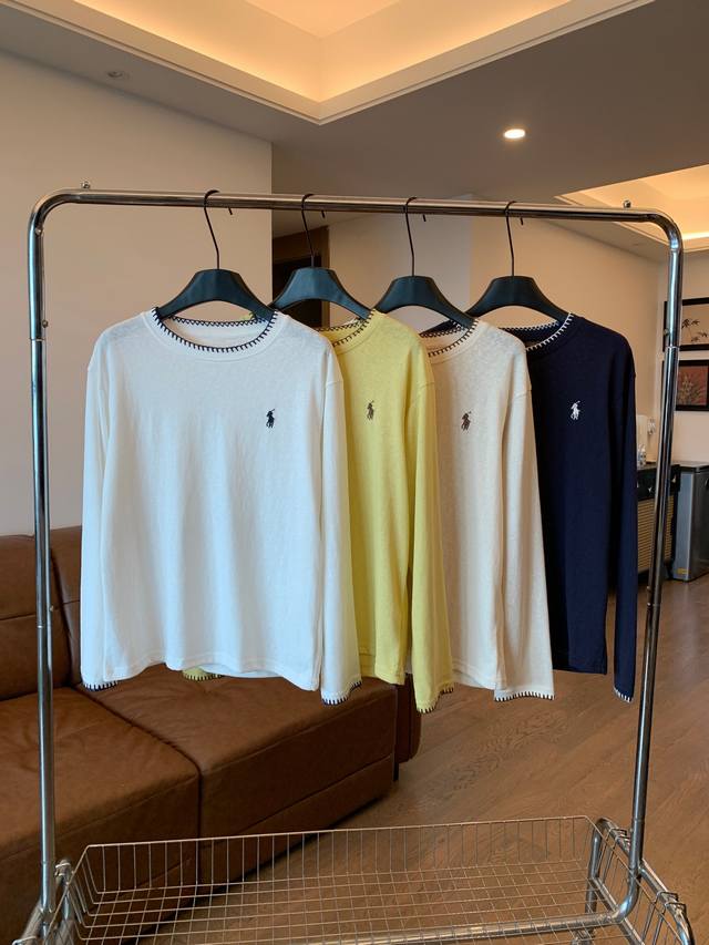 Pony Embroidered Neckline Cable Knit Cotton Linen Long-Sleeve T-Shirt. Easily pa