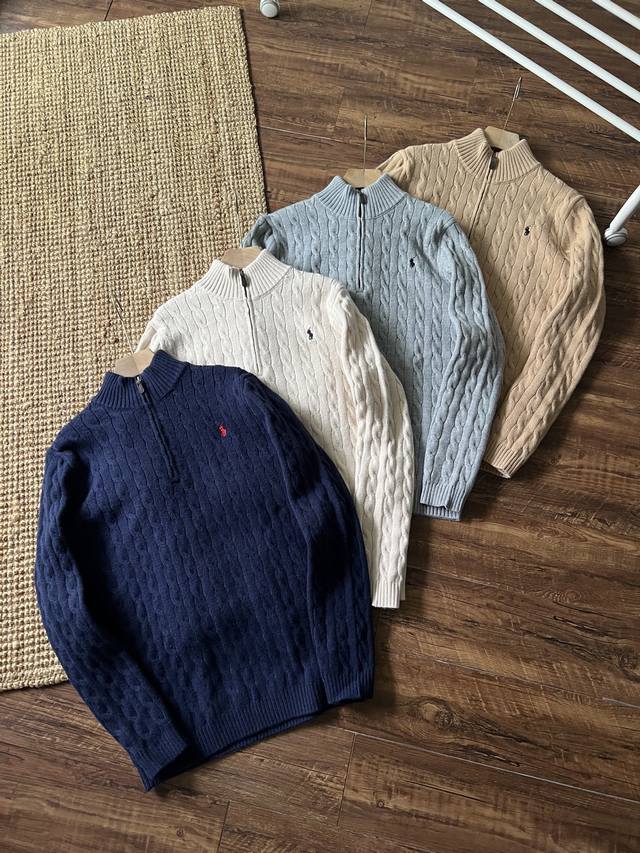 Ralph Lauren half-zip solid color cable knit sweater with embroidered pony logo.