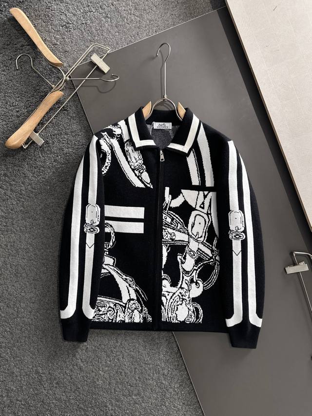 Hermes 2025 Autumn/Winter New Unisex High-Weight Knit Cardigan with Logo Stripe