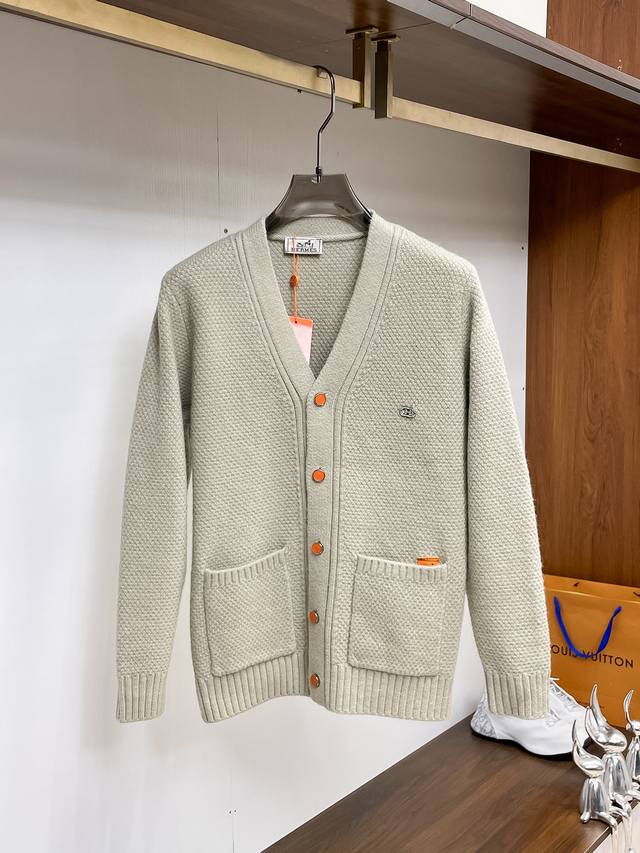 Herme'' 2025 Autumn/Winter Men's Cardigan Jacket, custom-dyed and made with wool