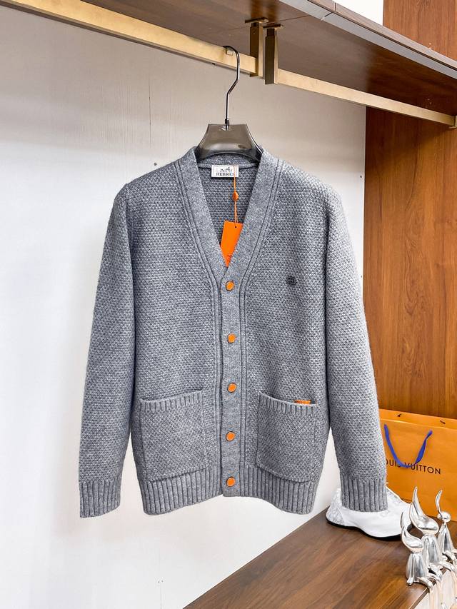 Herme''2025 Autumn/Winter Men's Cardigan Jacket, custom-dyed and dyed with wool