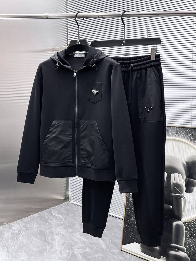 Prada 2025Ss New Logo Sporty Casual Zip-Up Jacket and Sweatpants Set, made with