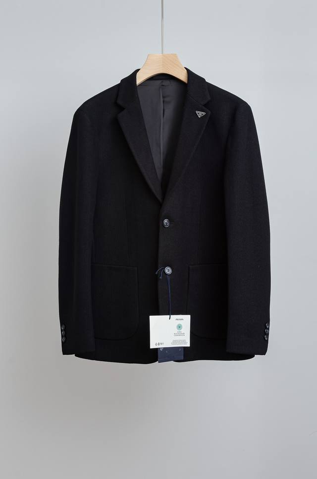 pra#Da Prada 2025Fw Wool Blend Chest Patch Embellished Men's Business Casual Sui