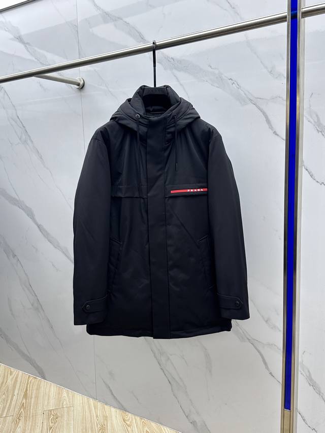 Prada 2025 Newest Fashionable Down Hooded Mid-Length Coat. The hood is non-deta