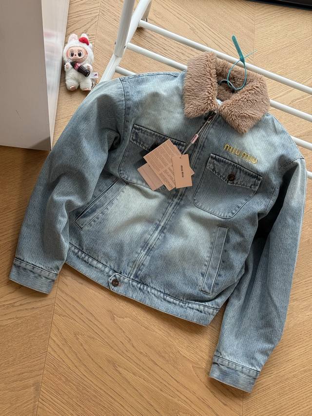 Miu Miu lamb wool washed embroidered logo denim jacket, unisex, size S~XL. Curr