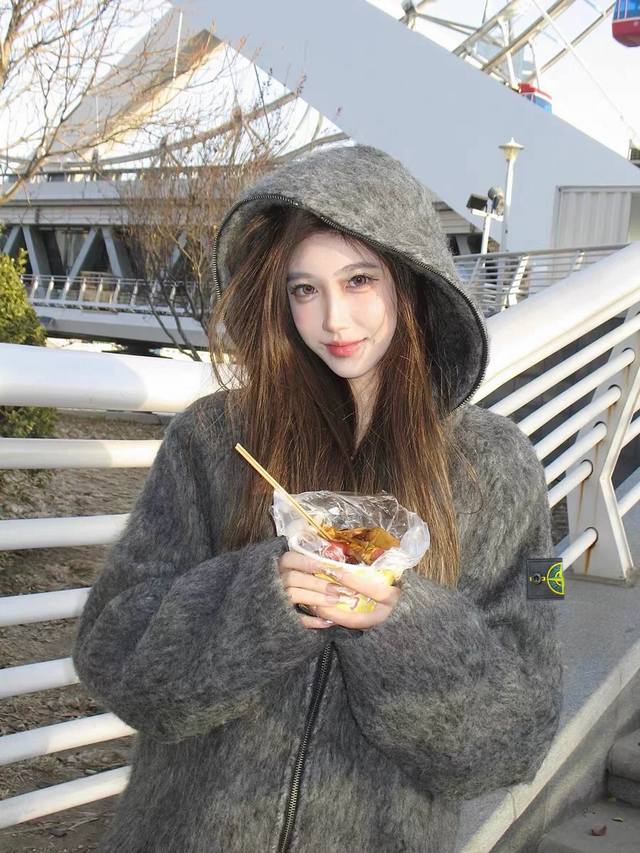 Stone Island 25Fw Wool Blend Full Zipper Mohair Hooded Heavyweight Coat Custom-d