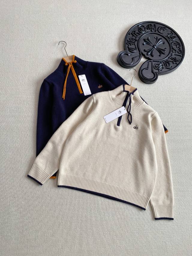 Alo Women's New Thickened Half-Zip Embroidered Knit Color Block Sweater Goddess