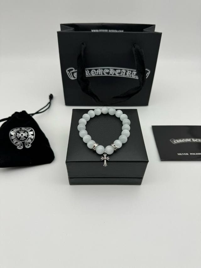 Three-Bead Chrome Hearts White Cat's Eye Thai Silver Bracelet White cat's eye i