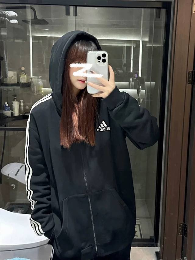 Adidas Three Stripes Ins Style Black Three Stripes Hooded Cardigan Sweatshirt fo