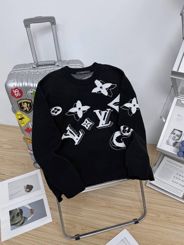 Louis Vuitton Classic Crew Neck Sweater with All-Over Jacquard Print (Front and