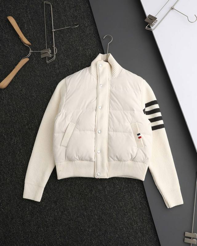 Genuine 90% White Duck Down Thom Brown Four-Stripe Knit Sweater with White Duck