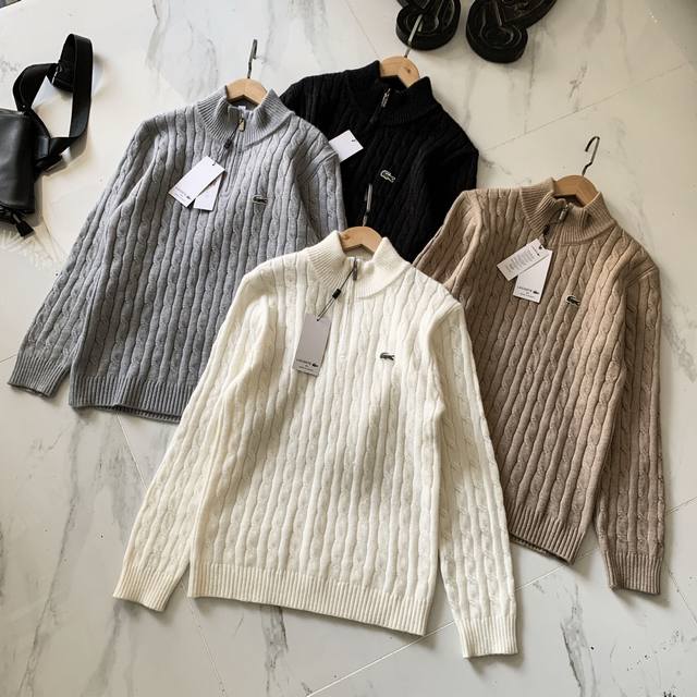 Lacoste French Crocodile Sweater Half-zip Crew Neck Solid Color Twisted Cable Kn