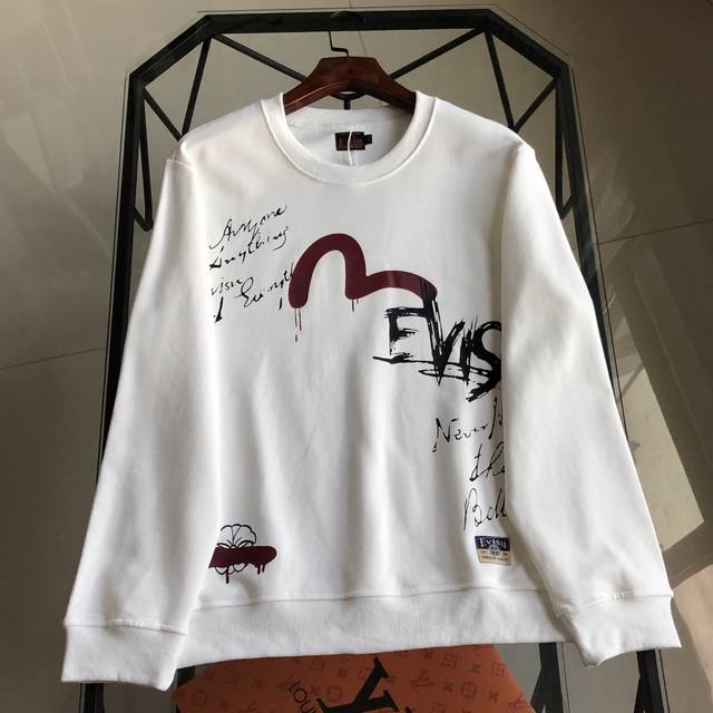 Evisu 2025 New Fortune God Graffiti Letter Print Crew Neck Sweatshirt, Loose Fit