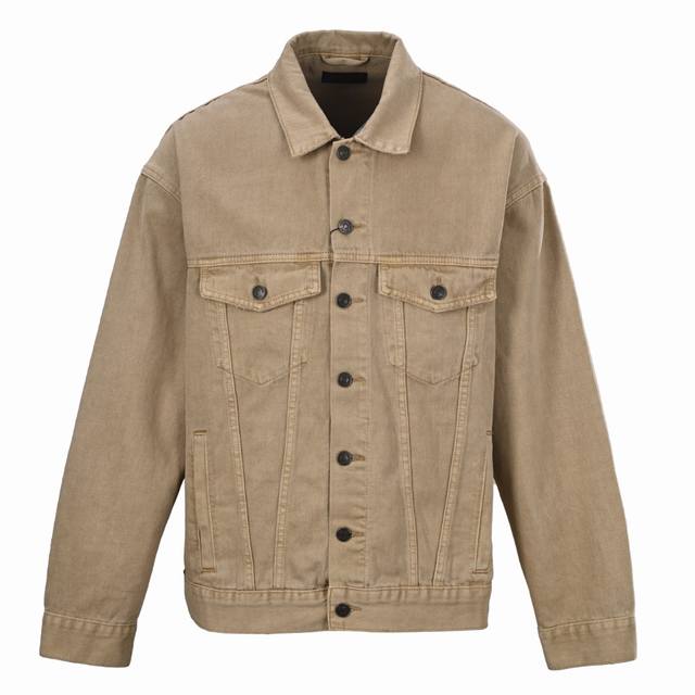 Balenciaga khaki denim jacket with embroidered back. Made with custom-made thick