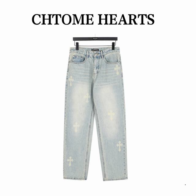 Chtome Heart Classic White Cross Denim Jeans These jeans undergo a heavy enzyme