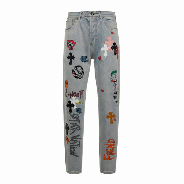 High-quality Chrome Hearts quirky graffiti washed distressed jeans, unisex. Aut