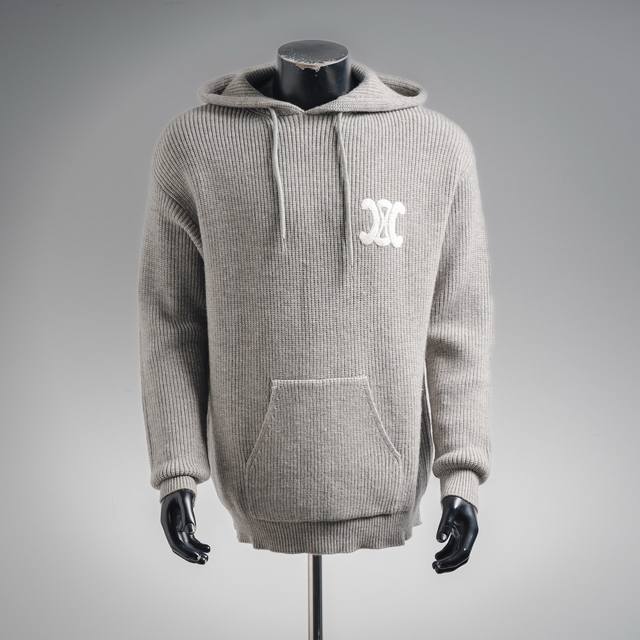 Celine Ce 25Ss Embroidered Logo Knit Hooded Sweater Fabric: Woven from 55% Merin