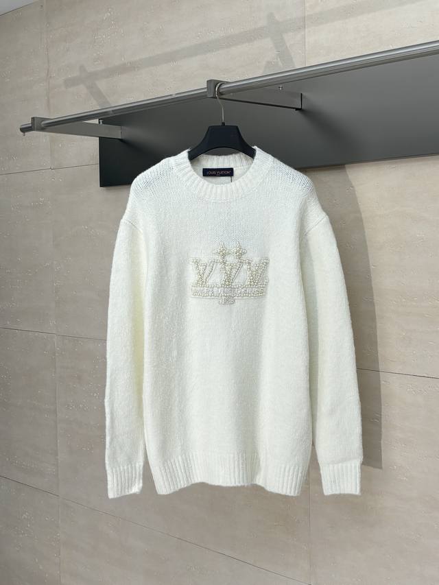 LV Louis Vuitton Embroidered Pearl Logo Crew Neck Pullover Sweater This pullover