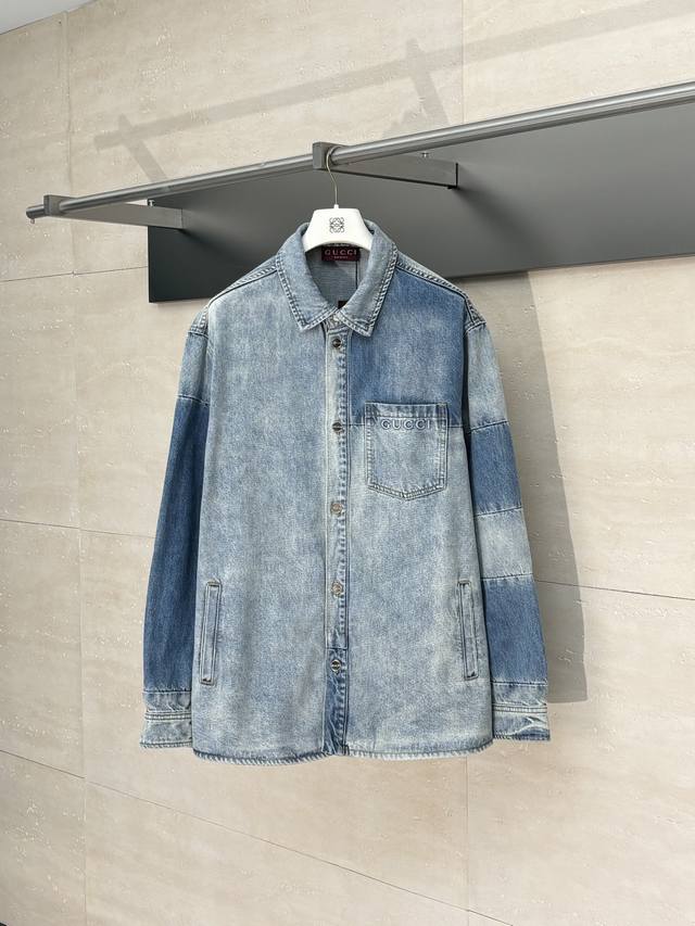 Gucc* Gucci Distressed Embossed Long-Sleeve Denim Shirt Size: SML XL DDD
