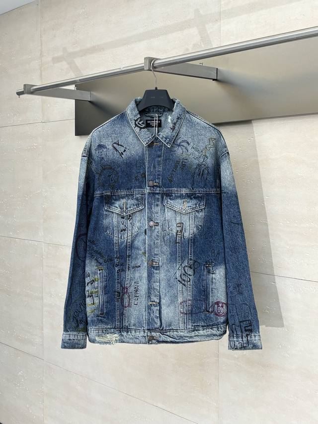 Balenciag* Paris Blcg Graffiti Hand-Painted Washed Denim Jacket Size: SML XL XL