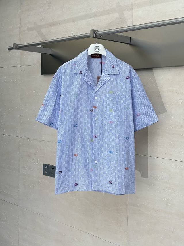 Gucc* Gucci Jacquard Striped Short-Sleeve Shirt (DDD) Made from premium light bl