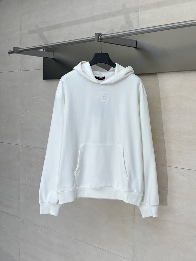 LV Louis Vuitton Logo Embossed Hooded Sweatshirt Custom Original White Cloud-lik