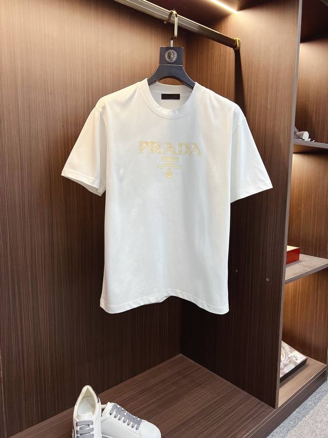 Prada 2025 Spring/Summer High-Quality Pure Cotton Short-Sleeve T-Shirt, Top-Tie