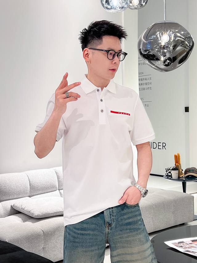 Prada Premium 2025Ss.pr*Da Men's Business Casual Short-Sleeve Polo Shirt with L