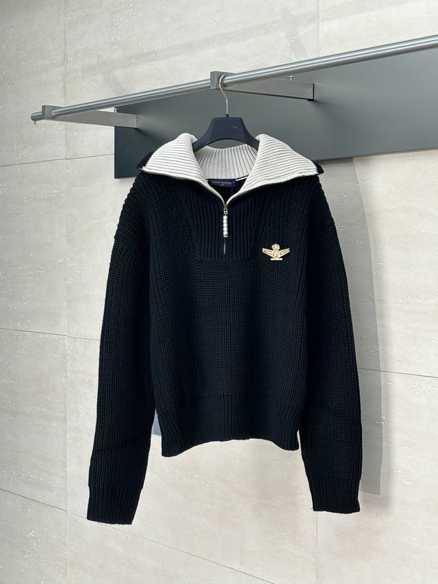 LV* Louis 25Fw Letter Badge Wool Pilot Half-Zip Sweater Cotton-Wool Golden Ratio